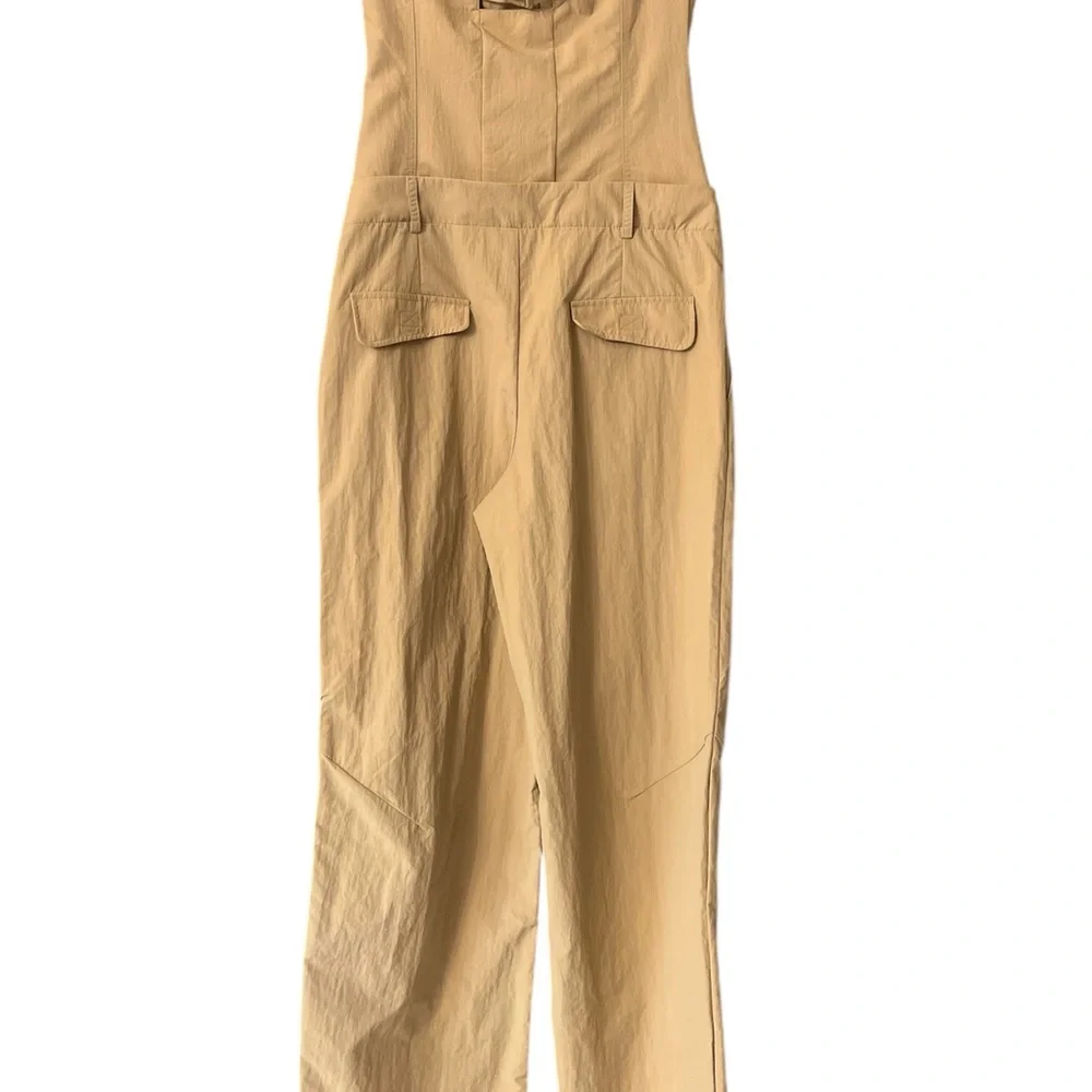 ZARA Khaki Tan Nylon Strapless Wide Leg Utility Jumpsuit NWT - Picture 7 of 11